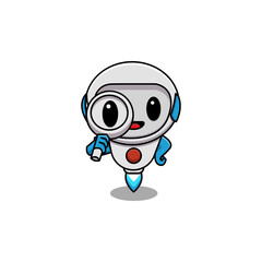 cute robot is holding magnifying glass, suitable for logo, icon and sticker.