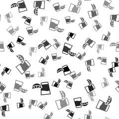 Black Tequila glass with lemon icon isolated seamless pattern on white background. Mexican alcohol drink. Vector.