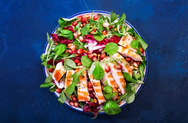 Salad with grilled chicken, spinach, arugula, cedar nuts and pomegranate seeds. Healthy food and eating concept. Top view. Blue background