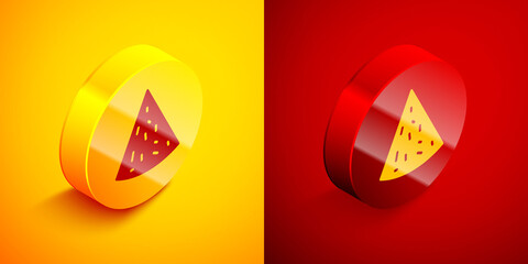 Isometric Nachos icon isolated on orange and red background. Tortilla chips or nachos tortillas. Traditional mexican fast food. Circle button. Vector.