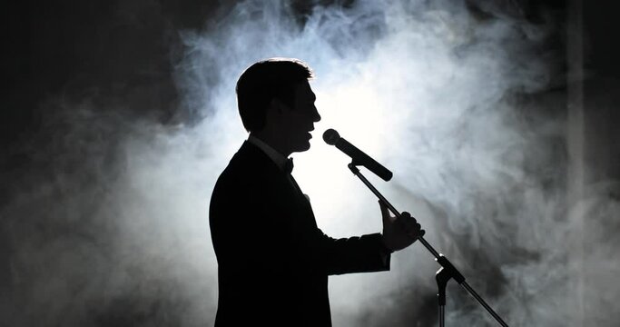 Actor, stand up comedian on funny performance. Showman entertains the audience at microphone in light of a searchlight among smoke on stage, side view. Concept of public speaking and humor.