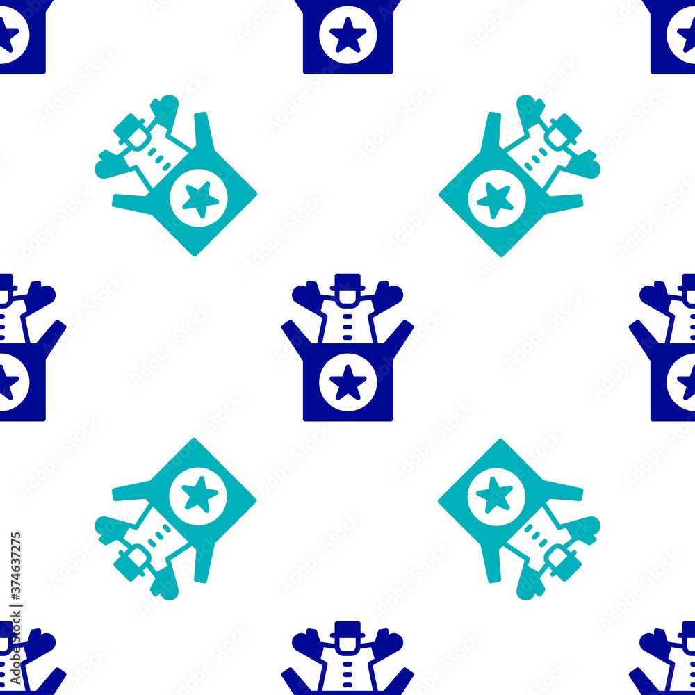 Sticker Blue Jack in the box toy icon isolated seamless pattern on white background. Jester out of the box. Vector.