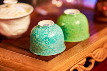 Chinese porcelain tea cups on the table, Chinese tea set