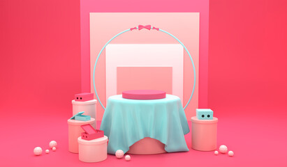 3D Illustration mock up scene of lovely pink podium with light blue tablecloth and gift box for product display, presentation and advertising on pink background. 3D Render.