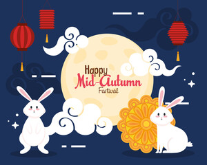 rabbits with mooncake lanterns and clouds design, Happy mid autumn harvest festival oriental chinese and celebration theme Vector illustration