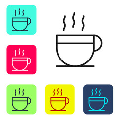 Black line Coffee cup icon isolated on white background. Tea cup. Hot drink coffee. Set icons in color square buttons. Vector Illustration.