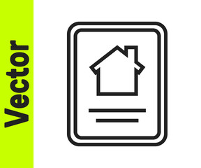 Black line Online real estate house on tablet icon isolated on white background. Home loan concept, rent, buy, buying a property. Vector Illustration.