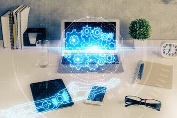 Multi exposure of table with computer on background and data theme drawing. Concept of innovation.