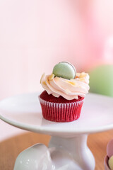 Sweet cupcakes for party. Fresh cupcakes decorated with cream cheese, blueberry and strawberry on modern concrete background. Sweet baked pastry. Easter cupcakes with fruit.
