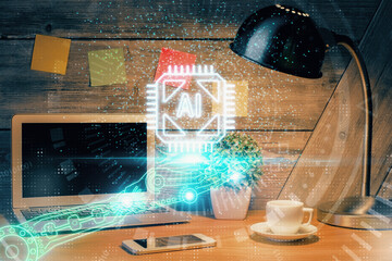 Multi exposure of desktop with computer on background and tech theme drawing. Concept of big data.