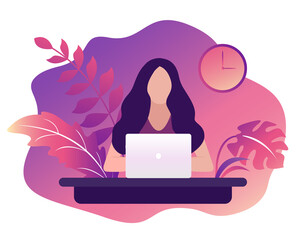 Woman working at a laptop. The concept of freelance or remote work. Work from home or anywhere in the world. Vector illustration with character in trendy flat style