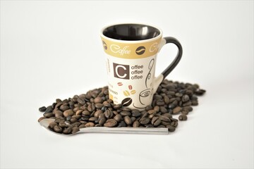 
colorful cup of coffee with props