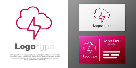 Logotype line Storm icon isolated on white background. Cloud and lightning sign. Weather icon of storm. Logo design template element. Vector.