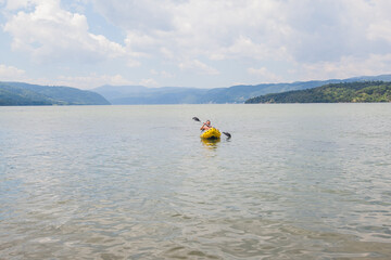 River kayaker man , kayaking on Danube river , Summer Vacation