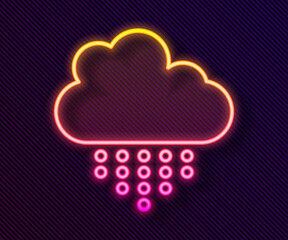 Glowing neon line Cloud with rain icon isolated on black background. Rain cloud precipitation with rain drops. Vector.