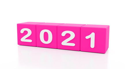 2021 New year 3d purple dice, isolated against white background.