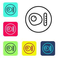 Black line Traditional british breakfast, fried eggs with sausage icon isolated on white background. Set icons in color square buttons. Vector.