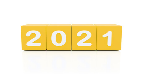 2021 New year 3d yellow dice, isolated against white background.