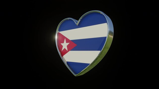 Flag of the Cuba in the shape of 3D heart. Metallic heart with glass and relief elements of the country flag. Animation with alpha channel.