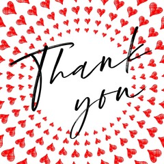 Thank You Card. Hand Written Lettering for Title, Heading, Photo Overlay, Wedding Invitation, Thank You Message. Heart shaped frame with thank you words, elegant thank you card
