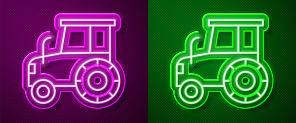Glowing neon line Tractor icon isolated on purple and green background. Vector.