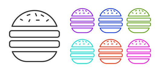 Black line Burger icon isolated on white background. Hamburger icon. Cheeseburger sandwich sign. Fast food menu. Set icons colorful. Vector.