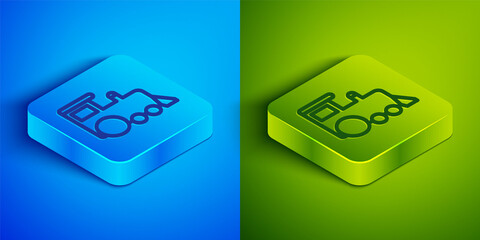 Isometric line Toy train icon isolated on blue and green background. Square button. Vector.