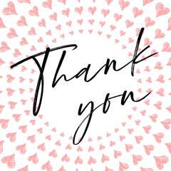 Thank You Card. Hand Written Lettering for Title, Heading, Photo Overlay, Wedding Invitation, Thank You Message. Heart shaped frame with thank you words, elegant thank you card