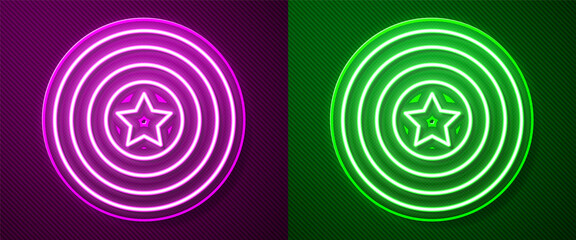 Glowing neon line American star shield icon isolated on purple and green background. United States of America country flag. 4th of July. USA Independence day. Vector.