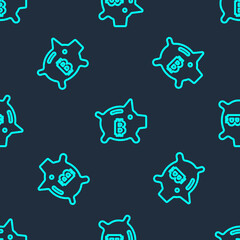 Green line Piggy bank bitcoin icon isolated seamless pattern on blue background. Icon saving or accumulation of money, investment. Vector.