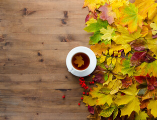 Autumn Flat Lay. Cup of Tea or Coffee and Colorful Leaves Border on Wood Background with Copy Space