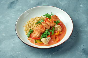 Bowl with bulgur, shrimps, vegetables and red sauce on gray background
