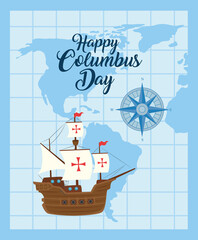 Columbus ship with world map design of happy columbus day america and discovery theme Vector illustration