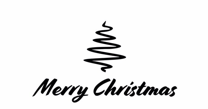 Merry Christmas handwritten greeting black text message and drawning christmas tree with star. Animation with handwriting effect