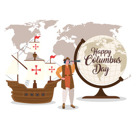 Christopher Columbus cartoon with ship and world sphere design of happy columbus day america and discovery theme Vector illustration