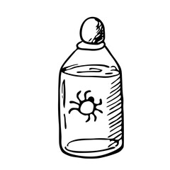 Bottle with a spider. Magic potion for Halloween. Vector illustration in the Doodle style. Isolated object on a white background.