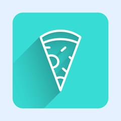White line Slice of pizza icon isolated with long shadow. Fast food menu. Green square button. Vector.