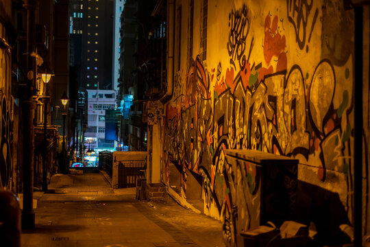 Dark Alley With Graffiti In Hong Kong