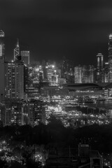 Hong Kong Skyline from Hotel Window black and white