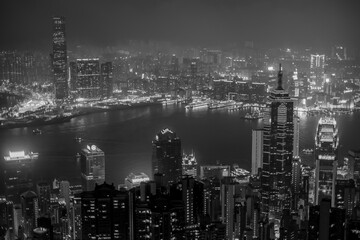 hong kong skyline at night black and white