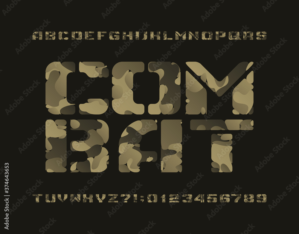 Poster combat alphabet font. camo letters and numbers. stock vector typescript for your design.
