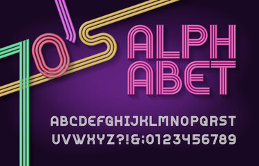 70s Retro stripe alphabet font. Funky type 3d letters, numbers and symbols. Typography for headlines, posters etc. in 70s style.