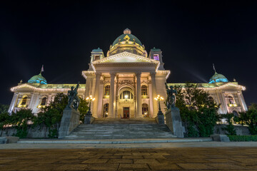 Night view of the National Assembly of the Republic of Serbia in Belgrade
