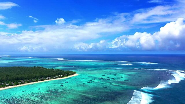 Aerial view,flight at  Le Morne mountain with luxury hotels, Mauritius, Africa