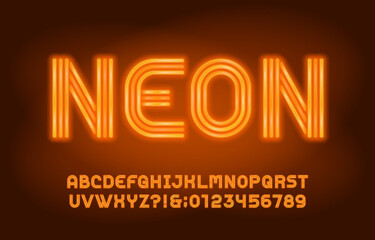 Neon alphabet font. Yellow neon light letters and numbers in 70s style. Blurred background. Stock vector typeface for your design.