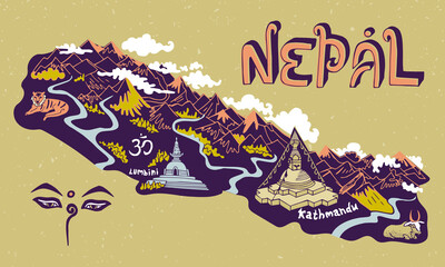 Illustrated map of Nepal. Travel and attractions of Asia. Cultural features of the country - obrazy, fototapety, plakaty
