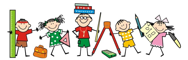 Teacher and school children, geometric, smiling vector illustration
