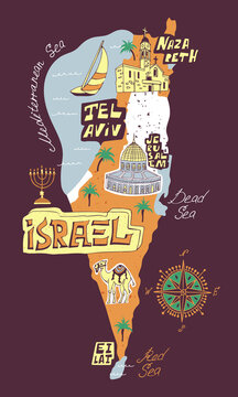 Illustrated map of cultural elements of Israel. Hand-drawn landmarks. Souvenirs