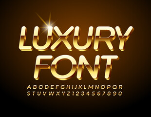 Vector Luxury Font. Glossy 3D elite Golden Alphabet. Premium style Letters and Numbers set
