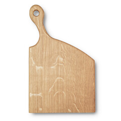 Oak wood cutting board top view isolated on white background. Organic serving plate